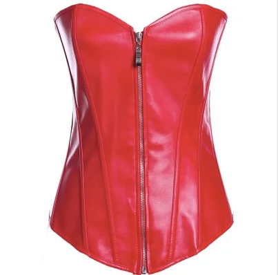 corset with layered lace-Red Leather Look Overbust Corset