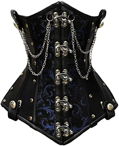 corset with embroidery details-Rueber Blue Brocade & Faux Leather Underbust Corset With Chain Details